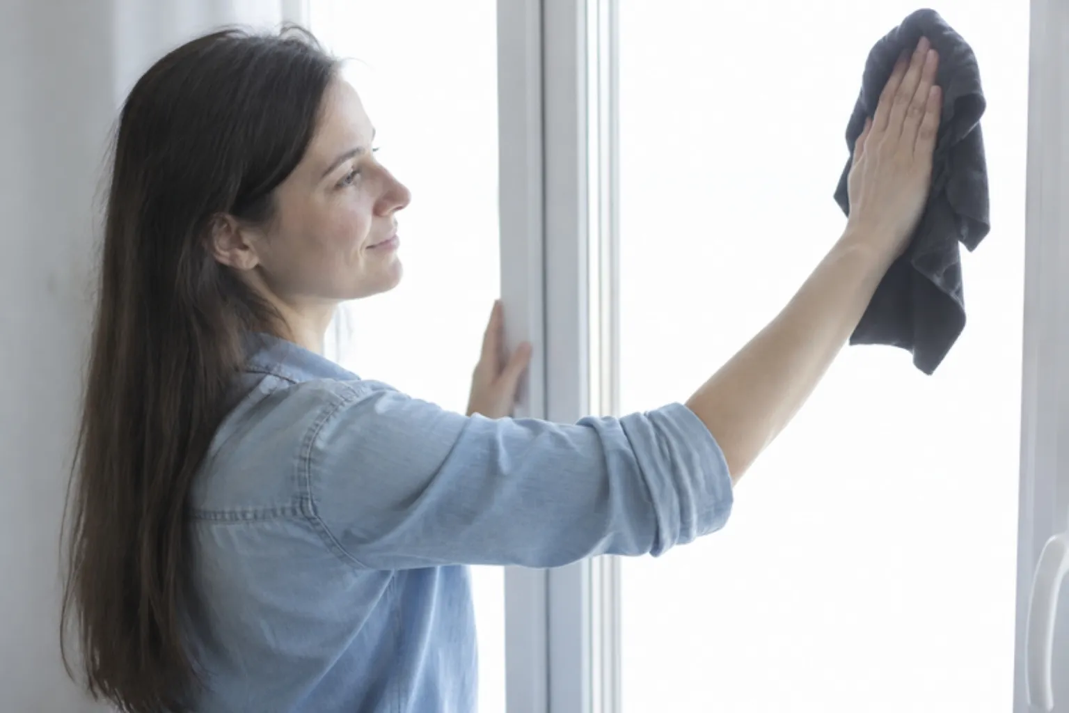 Frau putzt ein Fenster mit einem dunklen Tuch