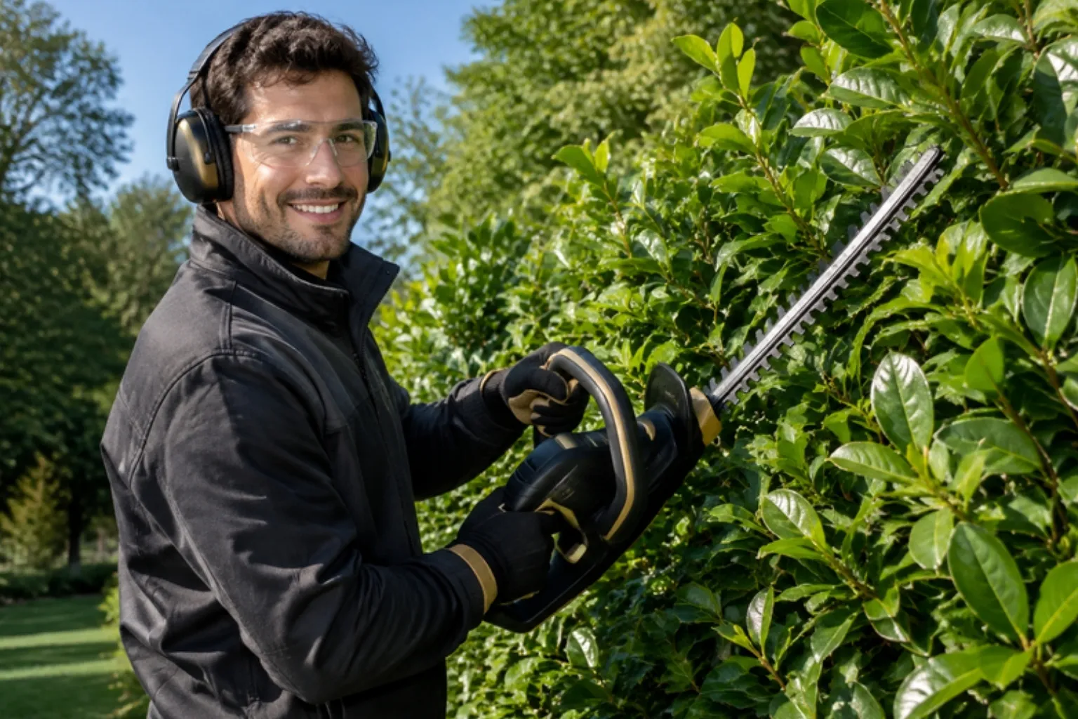 Gärtner mit Gehörschutz und Schutzbrille schneidet eine Hecke